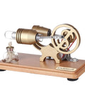 DIY Gamma-Shape Stirling Engine Kit With Generator And LED Lights, Bronze Retro Industrial Science Model For Adults, Hands-On Assembly Project With Realistic Engine Demonstration And Totally Nerdy Educational Fun. Bronze aluminum alloy and stainless steel desktop engine on wood base