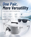 Kickass Impact Resistant Photochromic Polarized Safety Glasses Featuring Adaptive UV400 Lenses, clear style for outdoor and sports use.