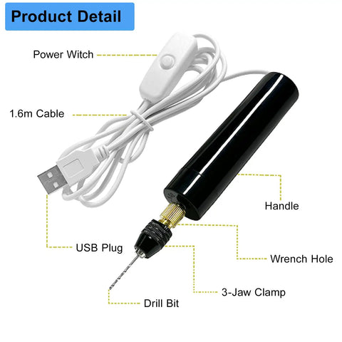 233 Piece Craft Toolkit Featuring Electric Hand Drill And Precision Bits For Resin Art And Keychain Making includes USB electric drill with 3-jaw clamp.