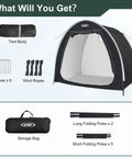 Components of Portable Outdoor Bike Storage Shed Tent Made With 210D Oxford Fabric PU4000 Waterproof Coating And Silver Shield displayed