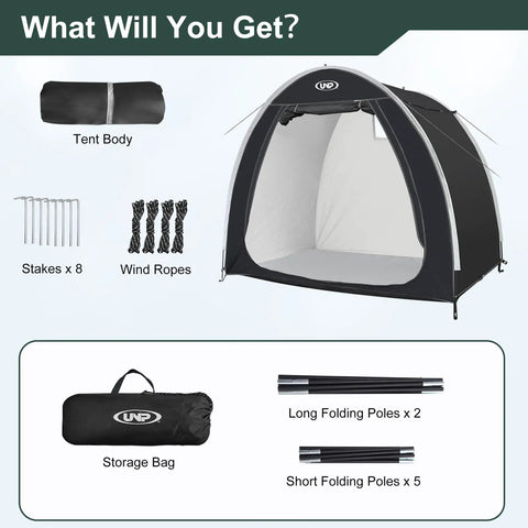 Components of Portable Outdoor Bike Storage Shed Tent Made With 210D Oxford Fabric PU4000 Waterproof Coating And Silver Shield displayed