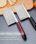 Two crinkle cutter knives with ribbed stainless steel blades and red and black handles.