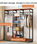 Top Notch Heavy Duty Free Standing Closet Rack With Extra Long Hanging Rods And Rock Solid Steel Frame For Roomy Apparel Stash And Zero Sweat Fast Assembly with shelves and hanging space.