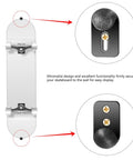 Vertical Skateboard Holder For Wall Display And Storage, 1 Pair Wall Mount Hangers showing board secured, slick black deck bracket.
