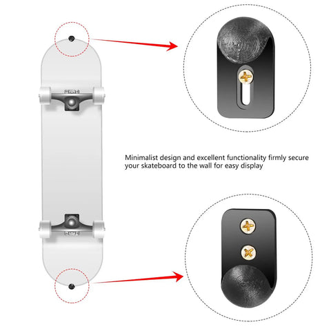 Vertical Skateboard Holder For Wall Display And Storage, 1 Pair Wall Mount Hangers showing board secured, slick black deck bracket.