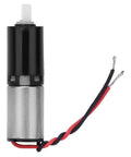 Front view of a 6mm DC gear motor with black planetary reducer, silver motor housing, red and black wires