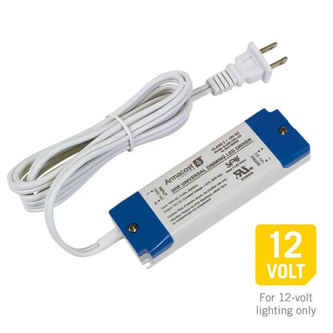 LED Dimmer Power Driver For Under-Cabinet Lighting With Removable AC Cord, 20W Gray, Smooth Flicker-Free Dimming, UL Listed, shown with cord