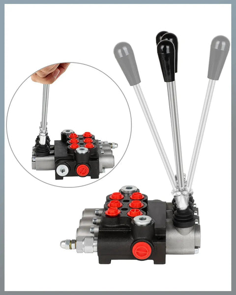 Three Spool 11 GPM Hydraulic Flow Control Valve With Heavy Duty G Ports Adjustable Relief Lever Handle Double Acting Parallel Center