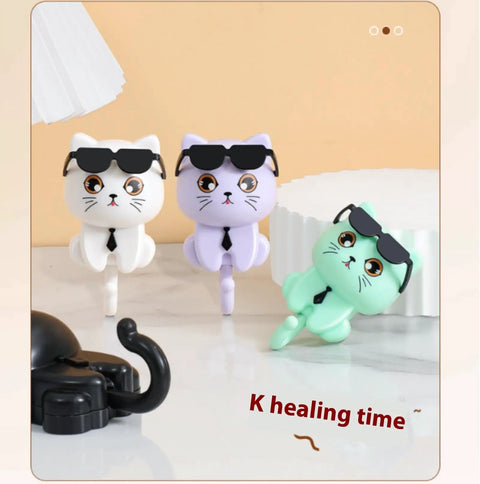 Cool Cat Key Holder With Sunglasses No Drill Adhesive Hooks Four Pack featuring colorful cat designs with sunglasses.