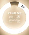 Circular light bulb with specifications printed: FC12T9 32W, 2100 lumens, 3000K color temp, G10q base, lifespan 16,000 hrs.