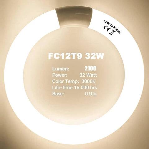 Circular light bulb with specifications printed: FC12T9 32W, 2100 lumens, 3000K color temp, G10q base, lifespan 16,000 hrs.