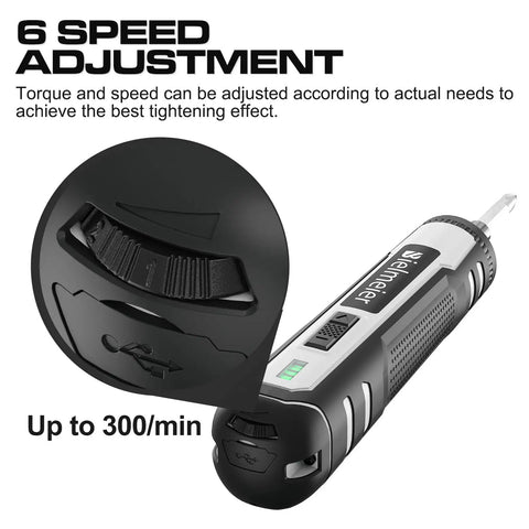 Rechargeable Cordless Electric Screwdriver Kit With 44 Accessories 6-speed adjustment close-up, LED light, compact design