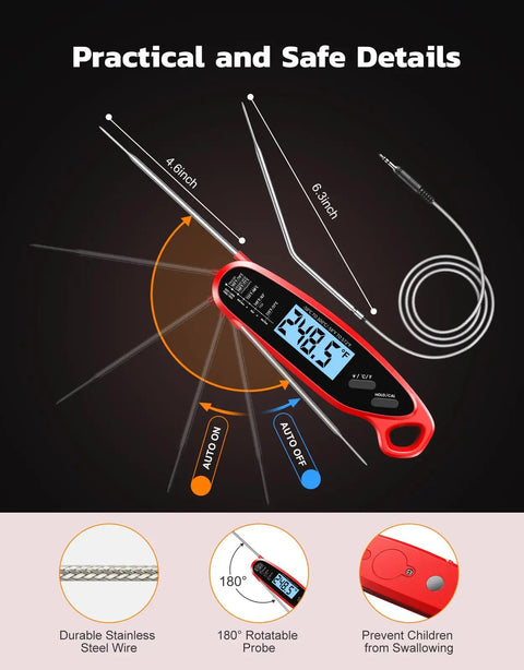Instant Read Digital Meat Thermometer With Dual Probes for Grilling and Cooking, large backlit display, red design
