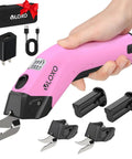 Heavy Duty Cordless Electric Scissors With A Badass 10000 Rpm Blade Assembly And Rechargeable 4v Battery System in pink with blades and batteries.