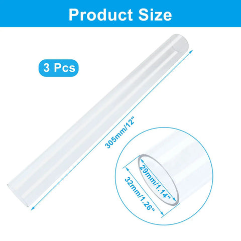 Three Pack Clear Rigid Polycarbonate Tubing, 1.14 In Inner Diameter, 1.26 In Outer Diameter, 12 In Length shown with measurements