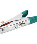 Heavy Duty A Shape Welding Ground Clamp With Copper Clip Electroplated Finish Fits All Types For Argon Arc And Resistance Jobs At 500 Amps Reliable Grip close-up view with copper clip and green grips.