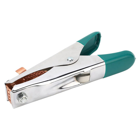 Heavy Duty A Shape Welding Ground Clamp With Copper Clip Electroplated Finish Fits All Types For Argon Arc And Resistance Jobs At 500 Amps Reliable Grip close-up view with copper clip and green grips.