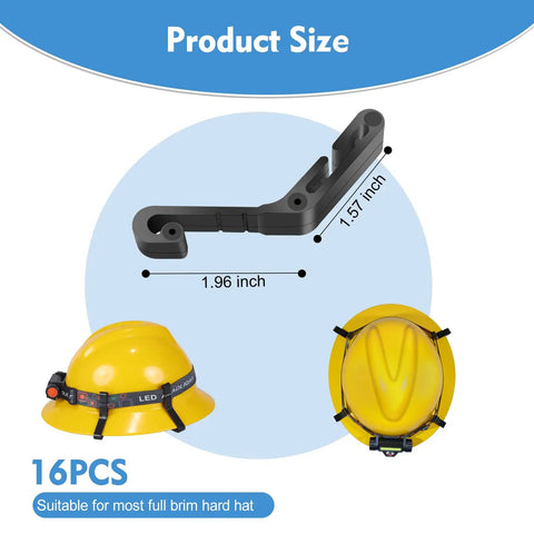 16Pcs Hard Hat Light Clips for Headlamps, Anti Slip and Stable Buckle Design, product size and use shown with yellow hard hats