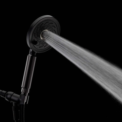 Neo Exhilaration High Pressure Handheld Shower Head With 2 GPM Flow Matte Black, spraying water in dark background