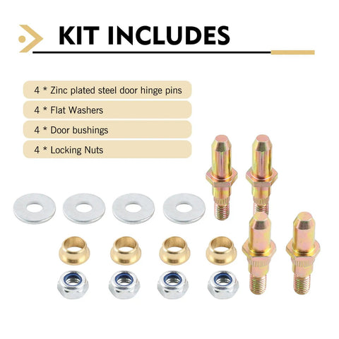 4 Piece Door Hinge Pin And Bushing Repair Kit For Chevrolet Full Size GMC Vehicles, kit contents with gold finish pins.