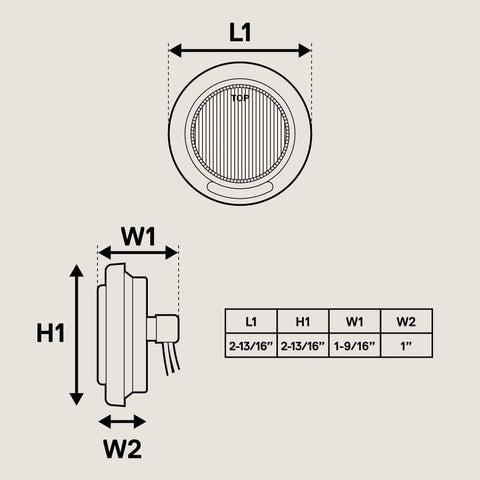 Diagram of 4 Pack 2 Inch Round LED Side Marker Light Kit With Amber And Red Lights, dimensions and side view displayed.