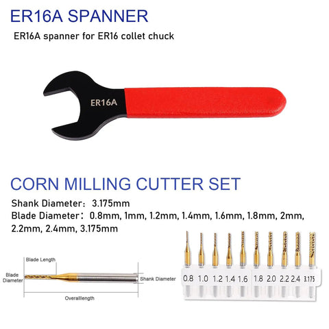 ER16A spanner and corn milling cutter set with various blade diameters for CNC Spindle Motor Kit 110V 1.5KW ER16