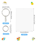 Big Size A4 Heat Shrink Paper Keychain Kit For Christmas Crafts, Includes 15 Clear Shrinky Sheets, 120 Keychain Accessories, 135 Total Pieces For Large Designs, DIY Jewelry And Handcraft Projects with keychain sizes and sheet dimensions displayed.
