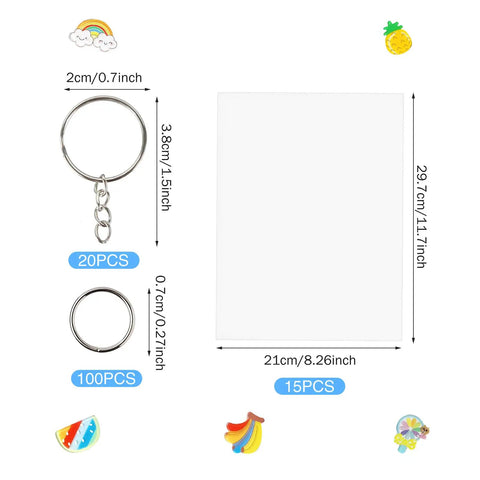 Big Size A4 Heat Shrink Paper Keychain Kit For Christmas Crafts, Includes 15 Clear Shrinky Sheets, 120 Keychain Accessories, 135 Total Pieces For Large Designs, DIY Jewelry And Handcraft Projects with keychain sizes and sheet dimensions displayed.