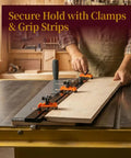 Heavy Duty Table Saw Taper Jig Featuring Triple Adjustable Clamps And A Robust Aluminum Fence for secure grip on wood during cuts.