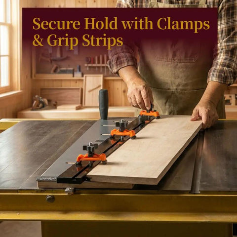 Heavy Duty Table Saw Taper Jig Featuring Triple Adjustable Clamps And A Robust Aluminum Fence for secure grip on wood during cuts.