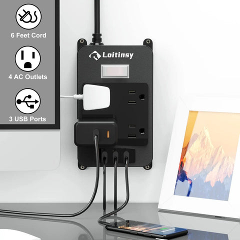 Weatherproof Outdoor Power Strip With Four Outlets And Three USB Ports, Six Foot Extension Cord, Wall Mount Surge Protector in use