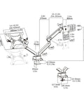 Adjustable Dual Monitor Arm Desk Mount With Smooth Mechanical Spring Height Tilt Swivel Rock Solid Clamp Base dimensions diagram.