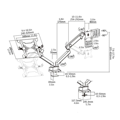 Adjustable Dual Monitor Arm Desk Mount With Smooth Mechanical Spring Height Tilt Swivel Rock Solid Clamp Base dimensions diagram.