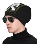 Side view of man wearing Cozy Camo American Flag Bigfoot Sasquatch Beanie Hat For Men And Women Unisex Winter Skull Cap.