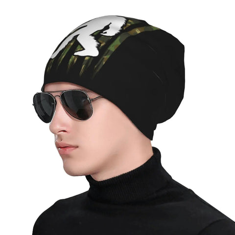 Side view of man wearing Cozy Camo American Flag Bigfoot Sasquatch Beanie Hat For Men And Women Unisex Winter Skull Cap.