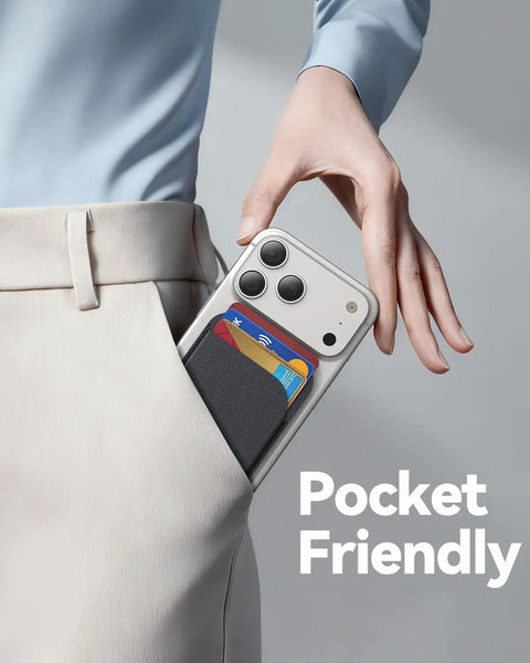 Person placing MagSafe Wallet with Five Card Slots and Stand, on iPhone, into pocket. Black vegan leather.