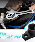 Offset O2 Sensor Socket 7/8 Inch (22mm) With 3/8 Inch Drive, in use for vehicle oxygen sensor removal, showing tool in tight engine space