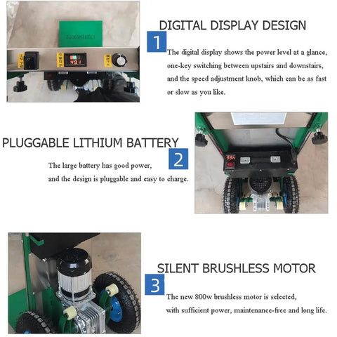 Digital display and features of Heavy Duty Electric Stair Climber Cart That Totally Crushes Heavy Loads And Makes Moving Furniture Or Kegs Up Down Stairs A Breeze For Any Home Renovation Crew.