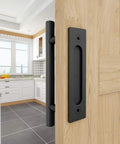 Two Pack 12 Inch Sliding Barn Door Handles Matte Black Hardware With Flush Finger Pull, Double Sided Design shown on wooden door