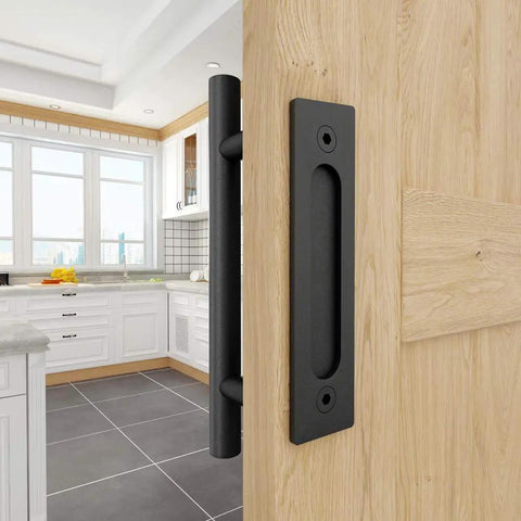 Two Pack 12 Inch Sliding Barn Door Handles Matte Black Hardware With Flush Finger Pull, Double Sided Design shown on wooden door