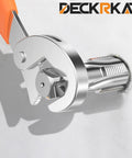 Wrench tightening a pipe with Six Piece NPT Pipe Tap Set in Carbon Steel for clean accurate threads, visible in chrome detail.