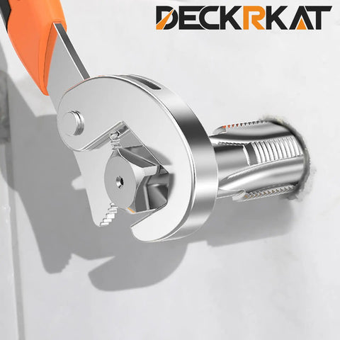 Wrench tightening a pipe with Six Piece NPT Pipe Tap Set in Carbon Steel for clean accurate threads, visible in chrome detail.