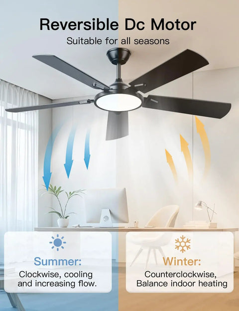 Smart 52 Inch Ceiling Fan With Lights Remote And App Control Dimmable 3CCT Color Temperature Quiet DC Motor in a modern room