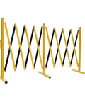 Hardcore Expandable Metal Barricade, Pro Ready Portable Safety Fence With Rock Solid T Base, Zero Hassle Folding Traffic Barrier Gate For Construction Zones And Crowd Control In High Vis Yellow showcased in a folded position.
