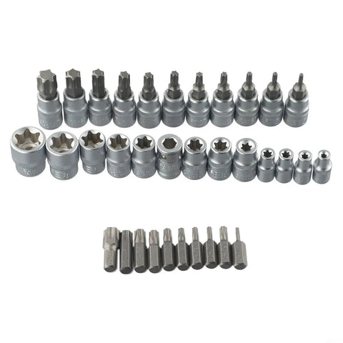 34 Piece Socket Set With Chrome Vanadium Star Sockets And Male Female E Security Bits 1/4 And 3/8 Inch Drive Kit displayed