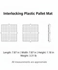 Diagram of heavy duty interlocking plastic pallet mat tiles with drainage slots, dimensions, and weight specifications.