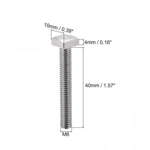 Rock Solid Square Head Bolts 10 Piece Set Featuring M6 X 40 Mm Fully Threaded specs showing a single 40mm stainless steel bolt.