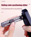 Handheld One Quarter Inch Hole Puncher With Skid Resistant Base, showing sliding ruler positioning slider