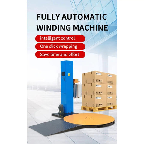 Automatic Pallet Stretch Wrapping Machine With Advanced Plc Interface Engineered As A Heavy Duty Industrial Shrink Wrap Workhorse, features yellow platform and blue control tower.
