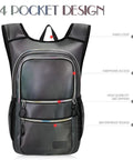 Glow In The Dark Hydration Pack With 3L Water Bladder, Lightweight Insulated Backpack showing 4 pocket design and zipper details